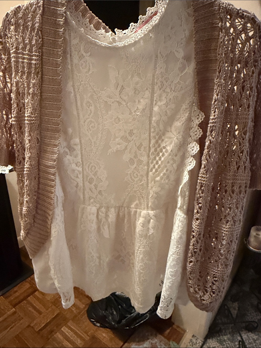 ANDREE BY UNIT White Lace Peplum Top with Blush Crochet Cardigan